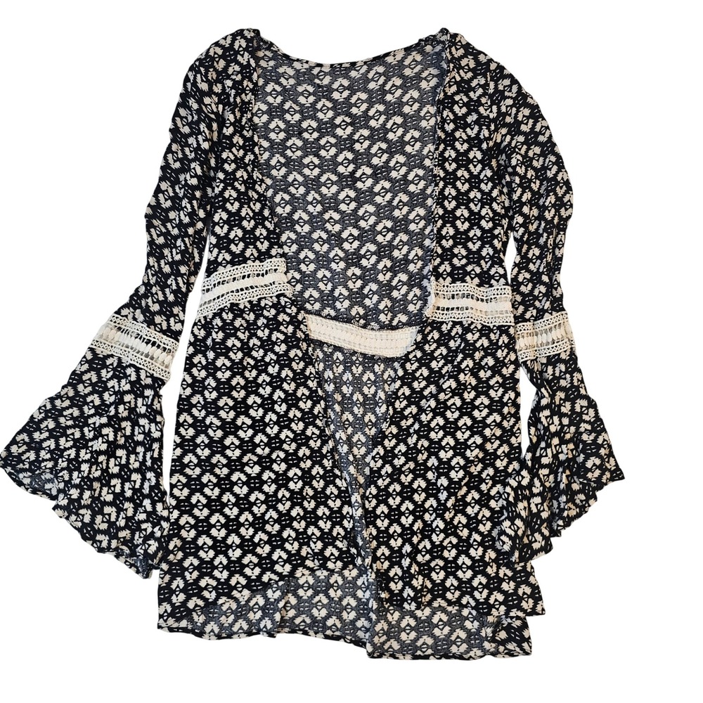 Boho Black White Geometric Print Open Front Cardigan Bell Sleeve Crochet Lace L